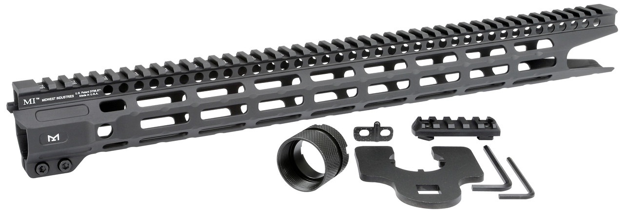 Midwest Industries Combat Rail One Piece Free Float Handguard, M-LOK with included accessories and tools.